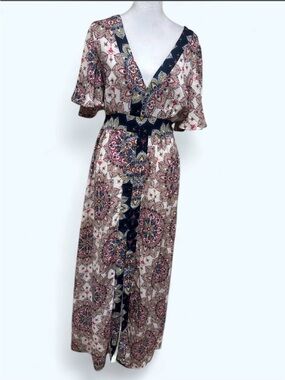 Altar'd State Cream Maxi Dress with Navy and Pink Paisley Print